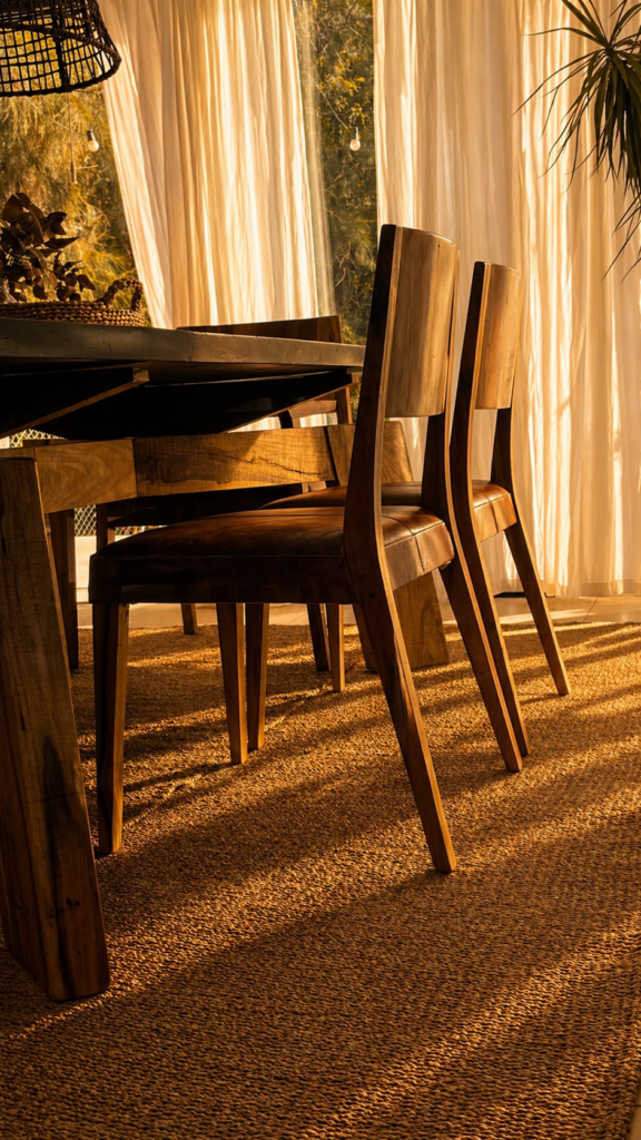 Sillas Borneo de madera maciza y cuero vacuno alrededor de una mesa de comedor