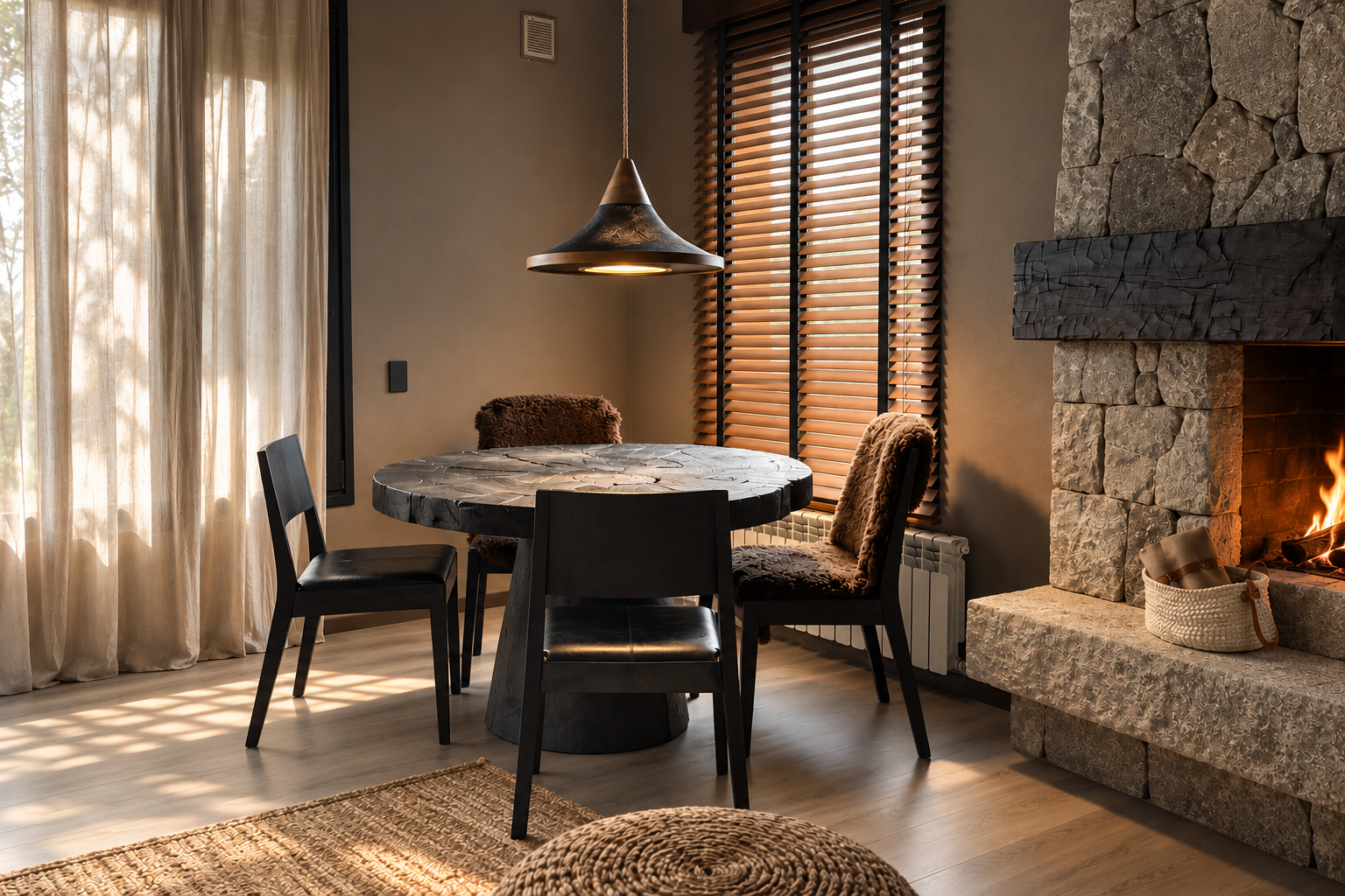 Mesa redonda de madera maciza Ástika en interior contemporáneo con chimenea de piedra.
